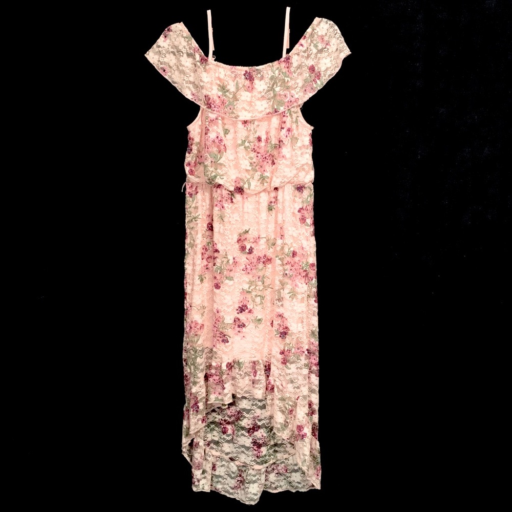 No Boundaries Floral Lace High-Low Hemline Dress